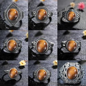 Clusterringen Natural Stone 925 Sterling Silver Ring Tiger Eye Retro Engagement Wedding Party Gift For Women Sieraden