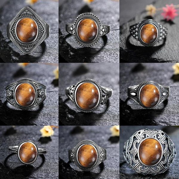 Cluster Anneaux Naturel Stone 925 STERLING Silver Ring Tiger Eye Retro Engagement Mariage Party Party For Women Jewelry