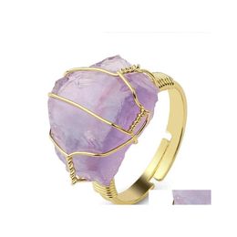 Clusterringen Natuursteen Irregal Draad Wrap Women genezen Purple Druzy Crystal Fluorite Goldcolor Resizable Fashion Finger Ring Dr Dhqxj