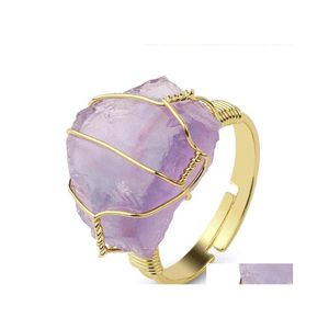 Anillos de racimo Piedra natural Irregar Envoltura de alambre Mujeres Curación Púrpura Druzy Cristal Fluorita Color dorado Anillo de dedo de moda ajustable Dr Dhqxj