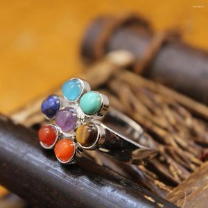 Cluster Ringen Natuursteen Zeven Chakra Geluk Meditatie Ring Vrouwen Mode Crystal Healing Plating Sliver Gratis Grootte