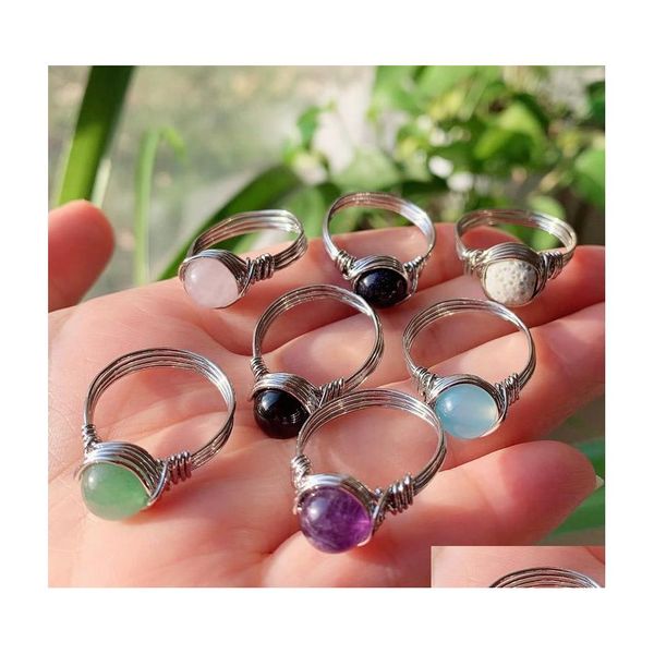 Anillos de racimo Piedra natural Alambre Envuelto Anillo de cristal Curación Púrpura Amatistas Ágatas Cuarzo rosa Moda Mujer Fiesta Boda Joyería Dhgch