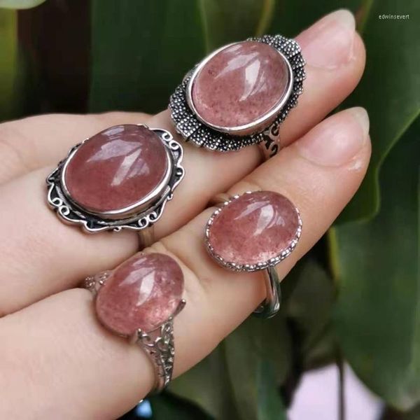 Anillos de clúster anillo de cristal de fresa natural. S925 Mosaic. Anillo de dedo animado. El color rosa de Jade es brillante y hermoso. Cluster Edwi22