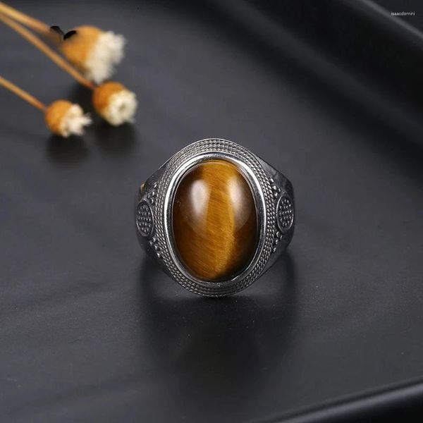 Anillos de racimo Tiger Tiger Eye Moonstone Anillo para mujeres S925 Joyería de plata esterlina 10x14 mm Gran turquesa lapiso de boda retro