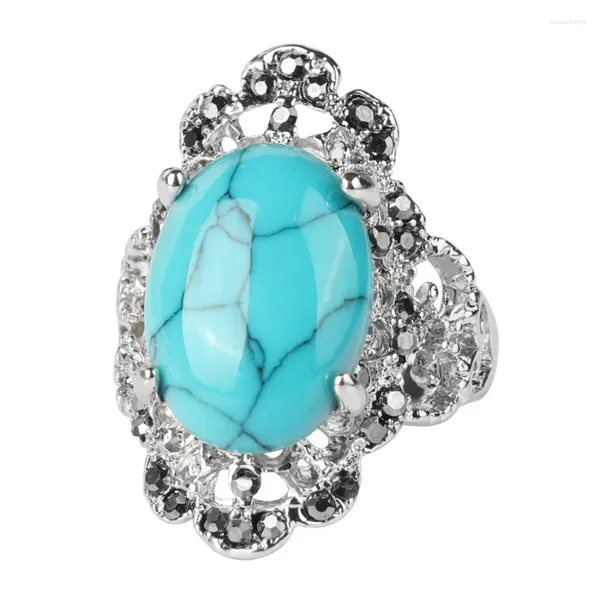 Anillos de racimo Anillo turquesa natural Línea geométrica Cruz Boda Oro para mujeres Larimar Vintage Joyería fina 925 Plata