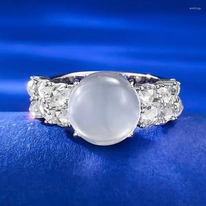 Cluster Ringen Natuurlijke Water Schuim Jade Ring Voor Vrouwen 925 Zilveren Ei Gezicht Hoge Glazen Zaad Steen Mus Diamant Zirkoon