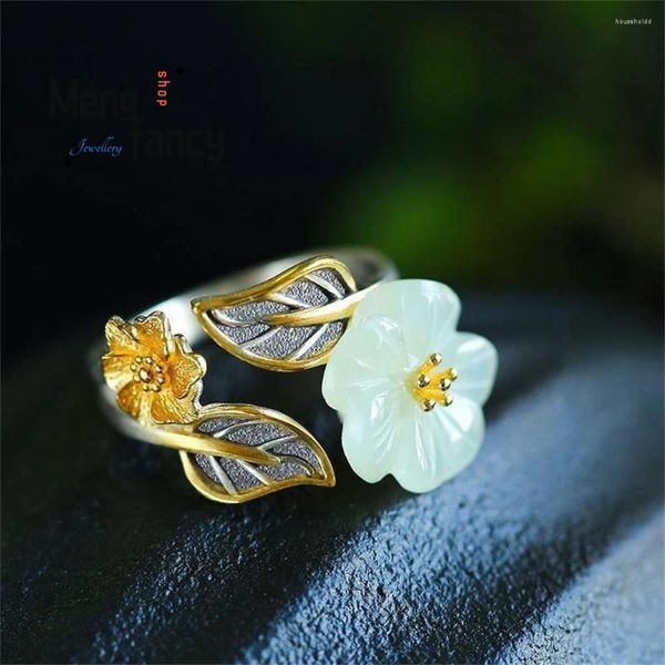 Bagues de cluster Naturel Blanc Hetian Jade Fleur Bague 925 Bijoux En Argent Éternité Couple De Luxe Promesse Cadeau Réglable Pour Petite Amie