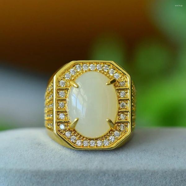 Bagues de cluster Naturel Blanc Jade Big Bague Hommes Femmes Fine Bijoux Véritable Hetian Jades Néphrite Zircon Luxe Réglable Amulettes Chanceuses