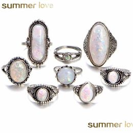Bagues de cluster Nouvelle arrivée Big Vintage Opal 8 pcs Knuckle Ring Set pour femmes Sliver couleur motif géométrique style bohème F Dhgarden Dhfqj