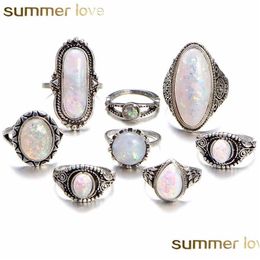 Bagues de cluster Nouvelle arrivée Big Vintage Opal 8 pcs Knuckle Ring Set pour femmes Sliver couleur motif géométrique style bohème mode juif Dhfys