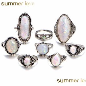 Clusterringen Nieuwe Collectie Grote Vintage Opaal 8 Stuks Knuckle Ring Set Voor Vrouwen Sliver Kleur Geometrisch Patroon Boheemse Stijl F Dhgarden Dhfqj