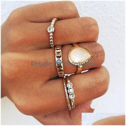 Anéis de Cluster Novos Anéis de Cluster Jóias Moda Geométrica Inlay Diamante Gota de Água Twist Hollow Simple Joint Ring Five Piece Set 1363 Dhhef