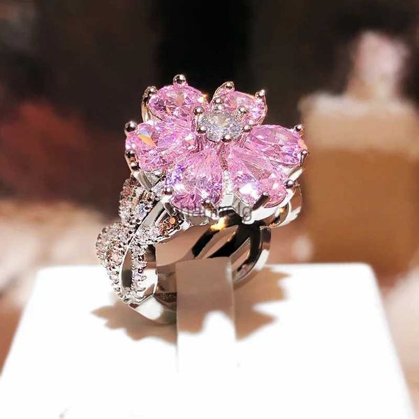 Anneaux de cluster Nouveau exquis 925 anneaux en argent pour les femmes brillent rose zircon cubique élégant fleur de cerisier fleur de mariage mariée bijoux à la mode YQ240109