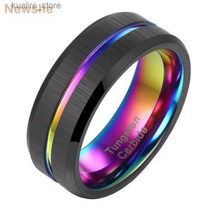 Cluster Anneaux Newshe Charm Mens Tungsten Carbide Ring 8 mm Bande de mariage Black Rainbow Intermediate Groove Taille 7-13 L240402