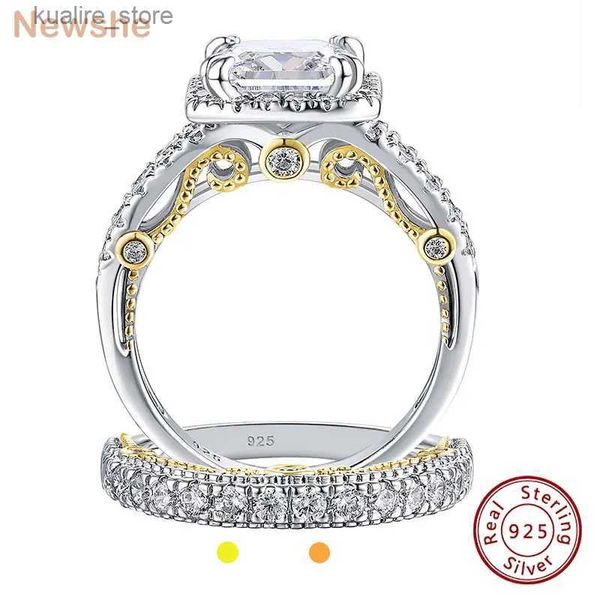 Anillos de clúster NewsHhe Original 925 Sterling Silver Two Tone Gold Wedding Rings Set para mujeres Princess Cut Aaaaa CZ Joyería Fina L240402