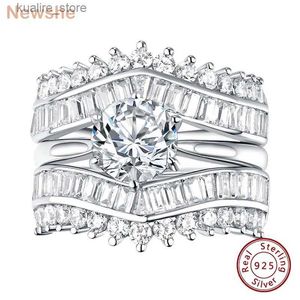 Cluster ringen Newshe Solid 925 Silver Solitaire Ronde Cut Engagement Ring Set Guard Wederteband Enhancers For Women CZ Simulated Diamond L240402