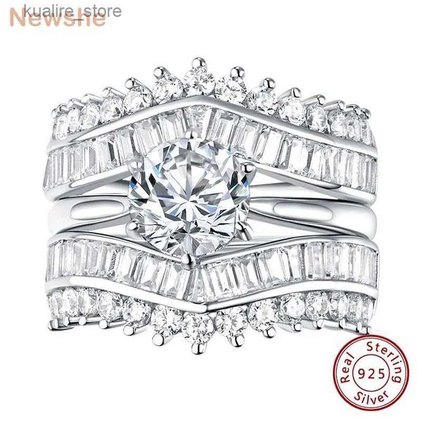 Anillos de clúster NewsHhe Solid 925 Silver Solitaire Redonde Cut Ann Ring Bool Bandancers for Women CZ Simulada Diamante L240402