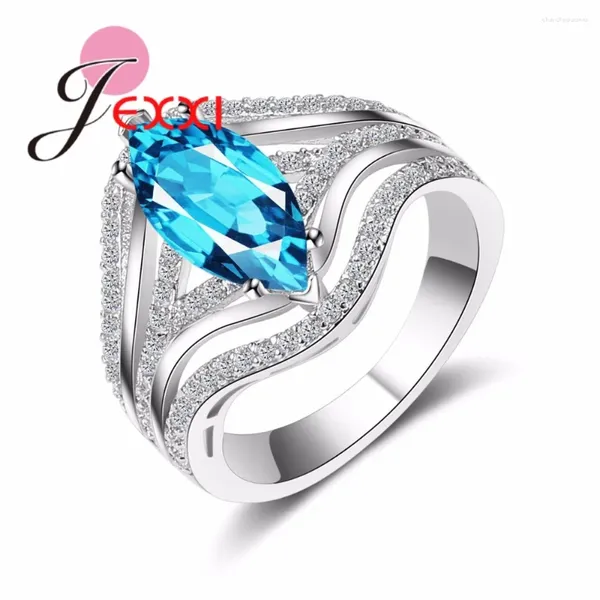 Anillos de racimo Niza Cubic Zirconia Anillo de cristal azul Moda Banda hueca Real 925 Sterling Silver Aguja Joyería Mujeres Fiesta de boda