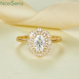 Bagues de Grappe NiceGems 14K 585 Or Jaune Vintage Ovale Moissanite Bague de Fiançailles Art Déco Diamant Fleur Anniversaire de Mariée