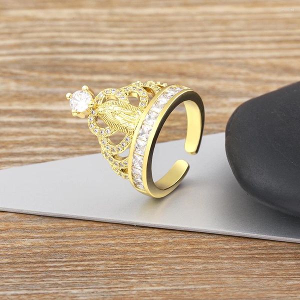 Anillos de racimo Nidin Classic Chapado en oro Zircon Virgen María Corona Anillo abierto Religioso Ajustable Lujo Top Calidad Femme Accesorios de fiesta