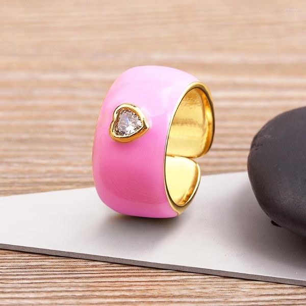 Anillos de racimo Nidin Romántico Forma de corazón Abierto Goteo Aceite Rins Chapado en oro Mujeres Colores de caramelo Pintado a mano Nudillo Creativo INS Joyería