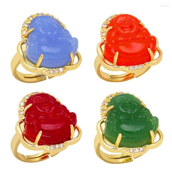 Anillos de racimo OCESRIO, anillo de Buda Maitreya de cristal de moda para Mujer, cobre chapado en oro, varios colores, Buda abierto, Anillos para Mujer Rigr22