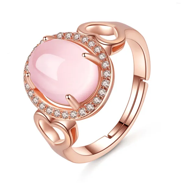 Anillos de racimo Ociki Color oro rosa CZ Ross Cuarzo Cristal Rosa Ópalo Joyería ovalada al por mayor para mujeres Niñas Regalo Gota