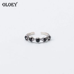 Anillos de racimo OLOEY, anillo ajustable de Plata de Ley 925 auténtica para mujer, circonita redonda negra Vintage 2021, joyería de fiesta fina coreana YMR799