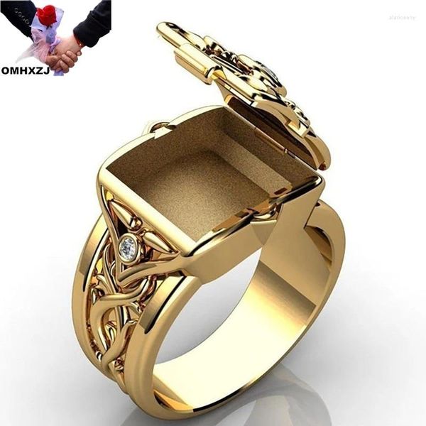 Anillos de racimo OMHXZJ Venta al por mayor RR1602 Moda europea Hombre fino Fiesta masculina Cumpleaños Regalo de boda Hip Hop Caja abierta AAA Zircon 18KT Anillo de oro