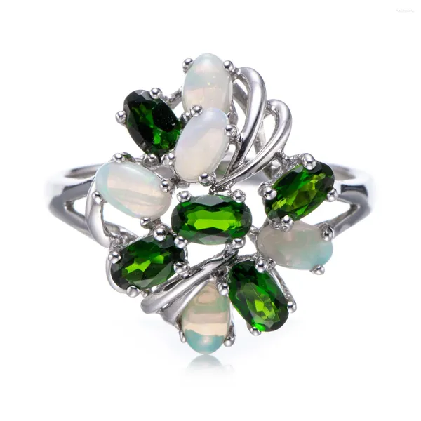 Bagues de cluster Opale et Chrome Diopside Rhodium sur bague en argent sterling