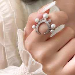 Anillos de racimo de luna abierta Pearl Star Pearl para mujeres acero inoxidable Circón geométrico Atentable Heart Crown Ring Finger Joyería de boda vintage