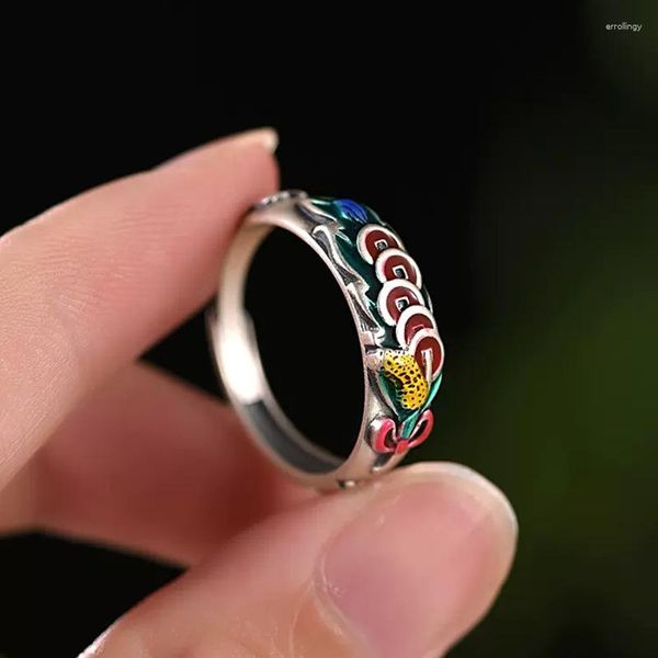 Anillos de racimo Apertura Colorido Estilo chino Étnico Cinco Emperador Dinero Moneda de cobre Esmalte Anillo de dedo Buena suerte Símbolo de riqueza Fingerwea