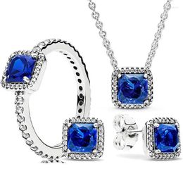 Clusterringen Originele 925 Sterling Sier Classic Timeless Elegance ketting Earringring met blauw kristal voor vrouwen Europa Gift Dro Dhodc