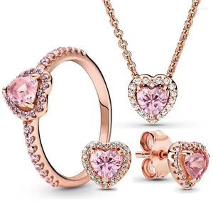 Anéis de cluster Original 925 Sterling Silver Rose Espumante Elevado Coração Colar Brinco Anel com Cristal Rosa para Mulheres Europa Jóias