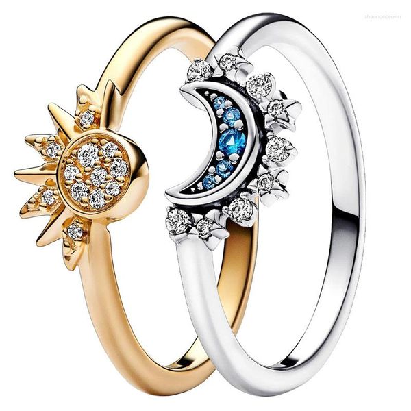 Bagues de cluster Original 925 Sterling Silver Golden Shine Céleste Bleu Sparkling Lune et Sun Ring avec cristal pour les femmes bijoux de bricolage