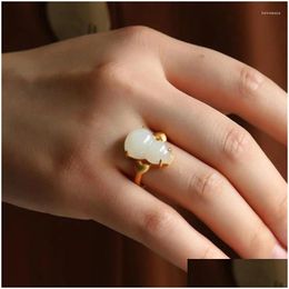 Clusterringen Oorspronkelijk merk Natuurlijk Hetian Jade Gourd Open verstelbare ring Exquise Chinese Peach Heart Ladies Sier sieraden Drop del dhehjj