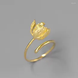 Cluster anillos Diseño original en este momento Elegante Gentle Intellectual S925 Sterling Silver Tulip Open Ladies Ring