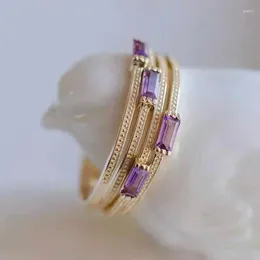 Cluster anneaux originaux Design géométrique en pierre violette ouverture anneau réglable exquis Lumière luxe charme de la marque pour femmes