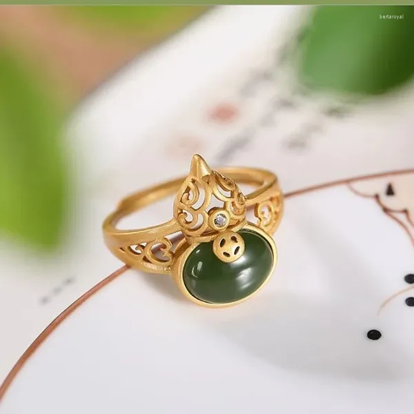 Anillos de racimo Diseño original Natural Hetian Verde Jade Oval Hueco Calabaza Estilo étnico Retro Exquisito Apertura Ajustable Elegante Damas