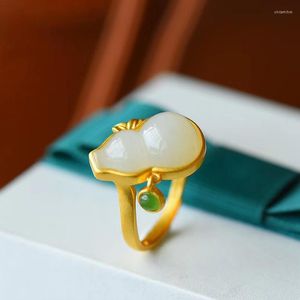 Clusterringen Originele Hetian Jade Gourd Jasper Small Water Drop Opening Verstelbare Ring Chinese stijl Retro Charm Brand Silver Jewelry