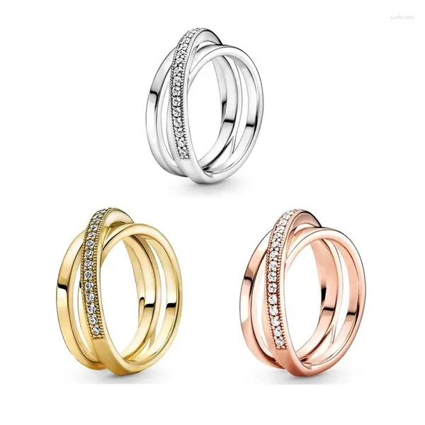 Anillos de racimo Pavera cruzada de oro rosa original Triple con anillo de cristal para mujeres 925 Joyería de moda de boda de plata esterlina