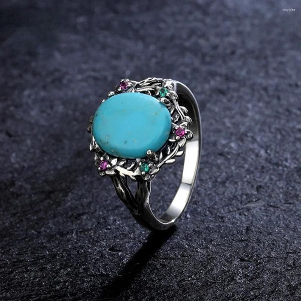 Bagues de cluster Ovale 9 11mm Naturel Turquoise Bague 925 Sterling Argent Zircon Pour Femmes Cadeau Vintage Feuilles Fleurs En Forme De Bijoux