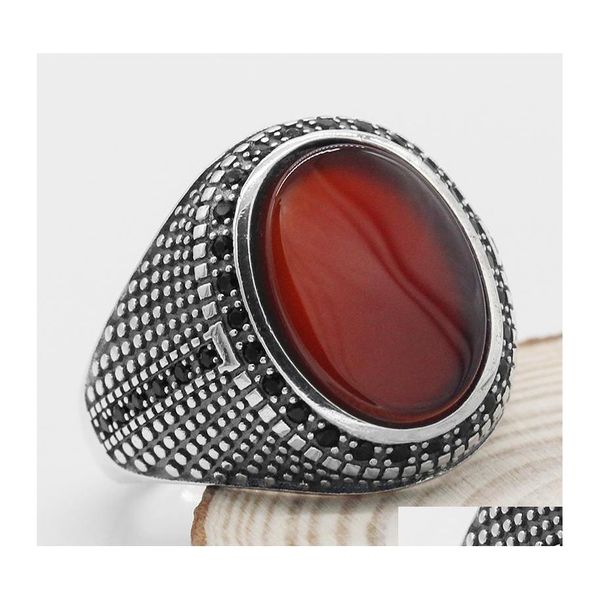 Anillos de racimo Oval Anillo de ágata roja para hombres Mujeres 925 Sterling Sier Piedra plana natural Negro Cz Punk Joyería turca Regalo para hombre Drop Dhfdk