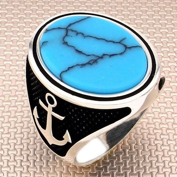 Bagues de Grappe Oxydé Droit Ovale Bleu Turquoise Brut Pierre Hommes Bague en Argent avec Motif d'Ancre Fabriqué en Turquie Massif 925 Sterling