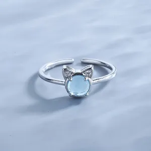 Clusterringen PANJBJ Kitten Flash Diamond Persoonlijkheid Creatieve Blauwe Imitatie Kristal Open Ring