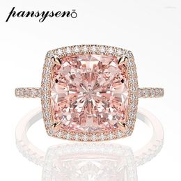 Cluster Anneaux Pansysen 10 mm carré Morganite Gemone pour femmes Solide 925 Bague de cocktail étincelles argent sterling