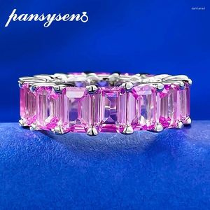 Clusterringen Pansysen 925 Sterling Silver 4x6mm Emerald Cut Pink Sapphire edelstenen Ring voor vrouwen 18K Wit Gold Compated Wedding Party