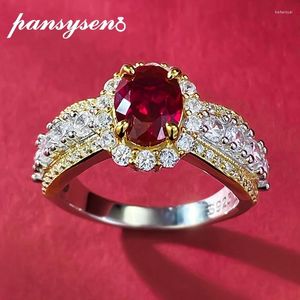 Cluster Anneaux Pansysen 925 Serling Silver 6x8 mm Ovale Ruby High Carbone Diamond Mariage de mariage Anneau Femme Fine Bijoux en gros