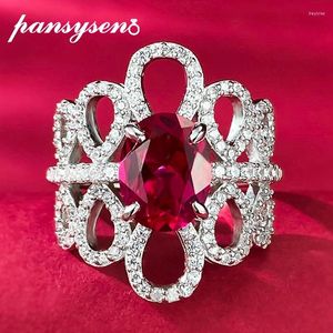 Clusterringen Pansysen 925 Sterling Silver Oval Cut 7x9mm Ruby High Carbon Diamond Diamond Ring 18K White Gold Compated Wedding Party Sieraden Gift