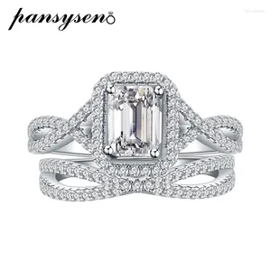 Cluster Anneaux Pansysen Luxury 925 argent sterling Emerald Cut High Carbone Diamond Bridal Ring Ensembles pour les femmes de mariage Fine bijoux Gift